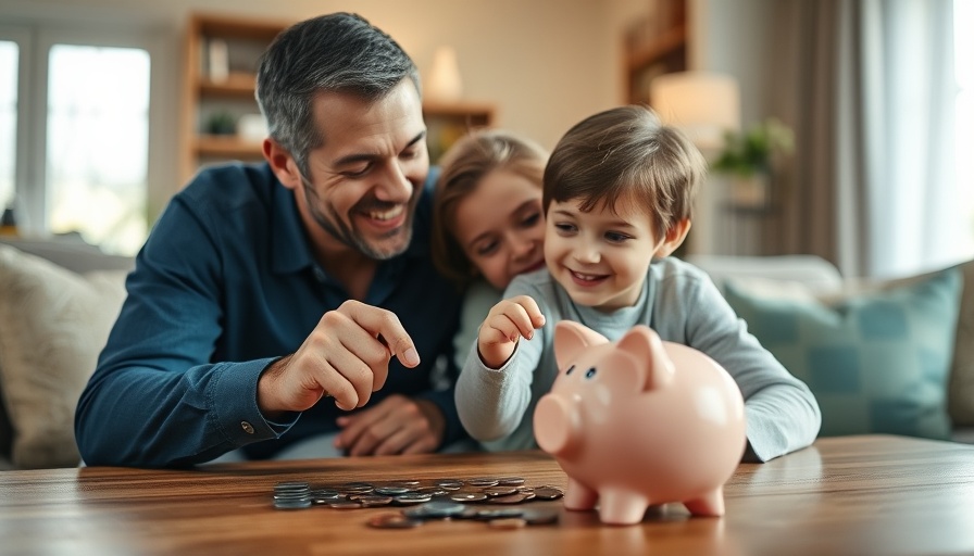 Parent teaching child about saving money with coins and a piggy bank.
