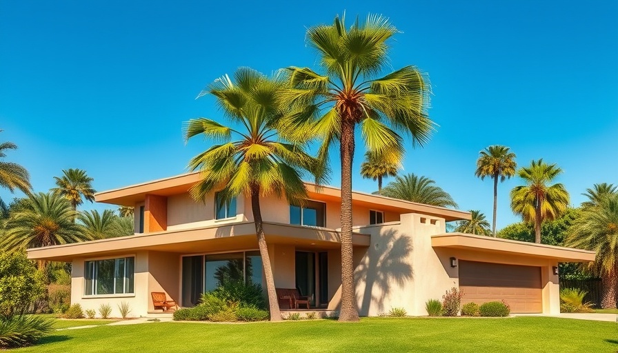 Mid-century modern home surrounded by palm trees.