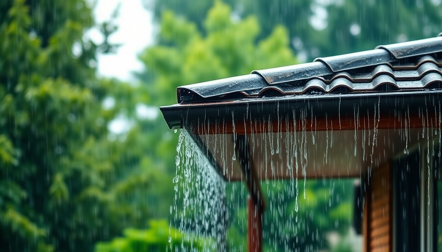Heavy rain over house roof during storm, focus on storm preparation.