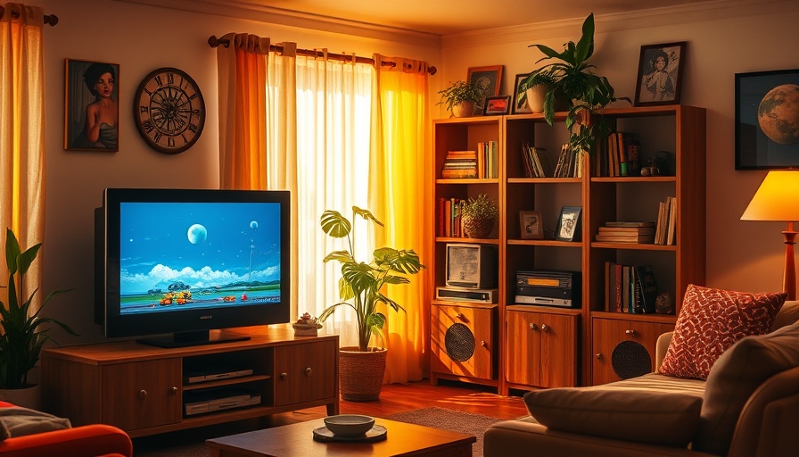 Vintage 90s living room with retro decor and warm lighting.