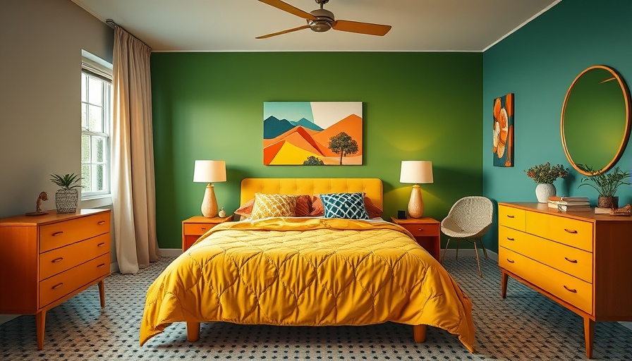 Retro interior design trends: vibrant bedroom with bold colors.