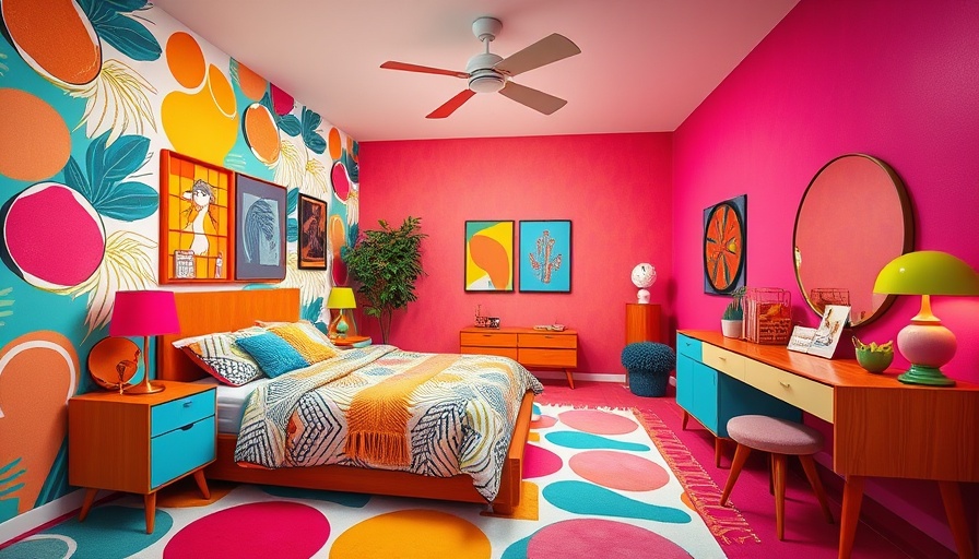 Vibrant 1970s and 1980s retro home decor bedroom scene.
