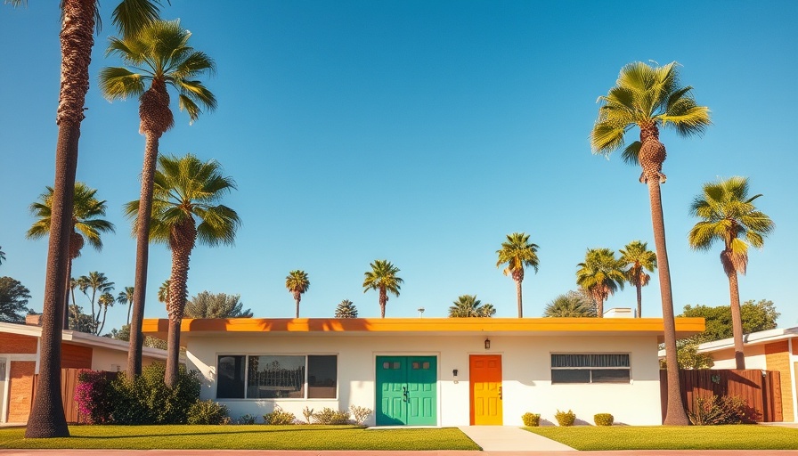 Mid-century modern design elements featured in suburban homes with palm trees.