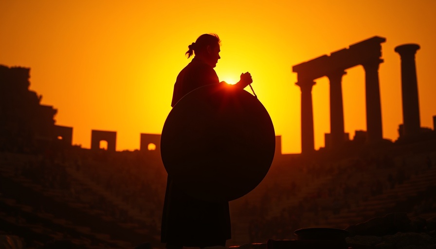 Silhouette of musician at Pink Floyd at Pompeii concert with sunset backdrop.