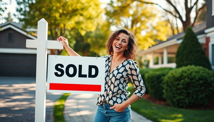 Woman marking a sold sign with a Redfin post in a suburban setting.