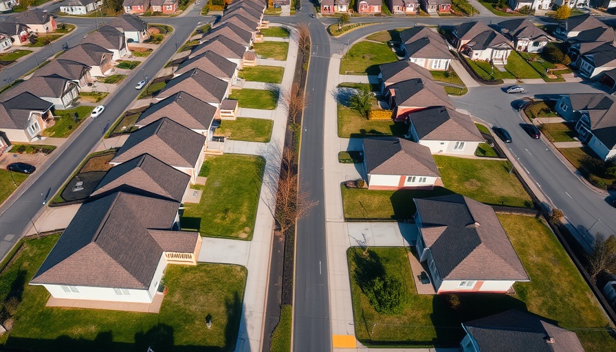 Affordable houses in a suburban neighborhood from above.