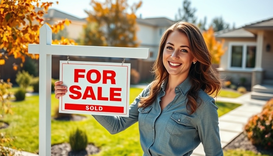 Confident woman changing 'For Sale' to 'Sold' sign in sunny yard.