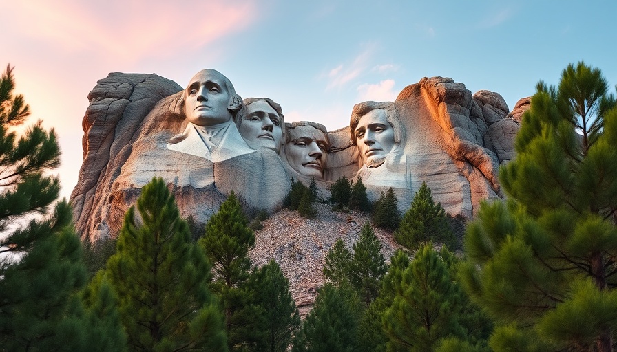 Mount Rushmore in South Dakota surrounded by trees.