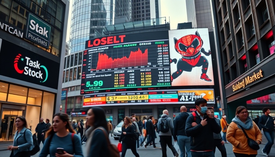 People passing a stock market display showing a decline, Stock market news.