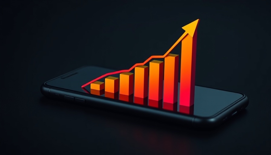 Modern smartphone with bar chart and upward arrow, minimal design.