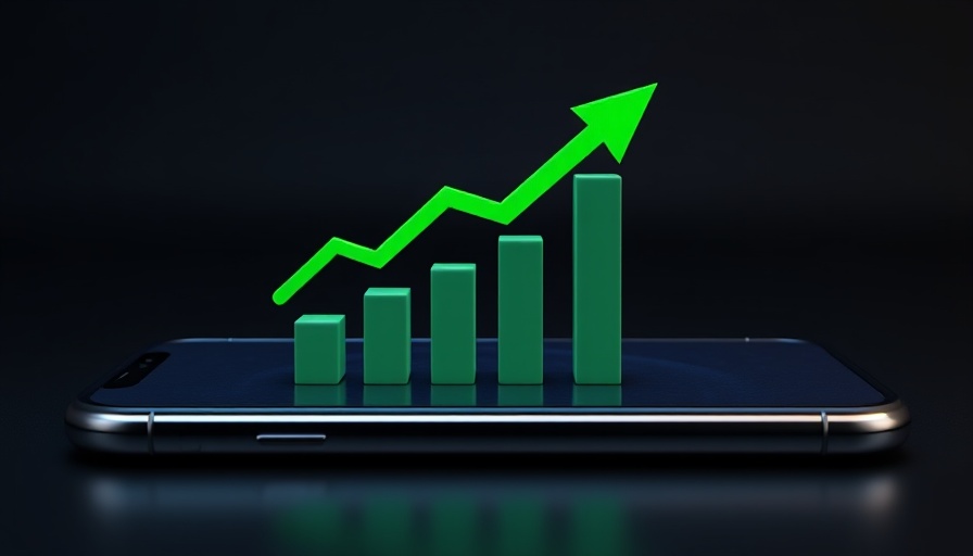 Stock market news on smartphone with rising graph.