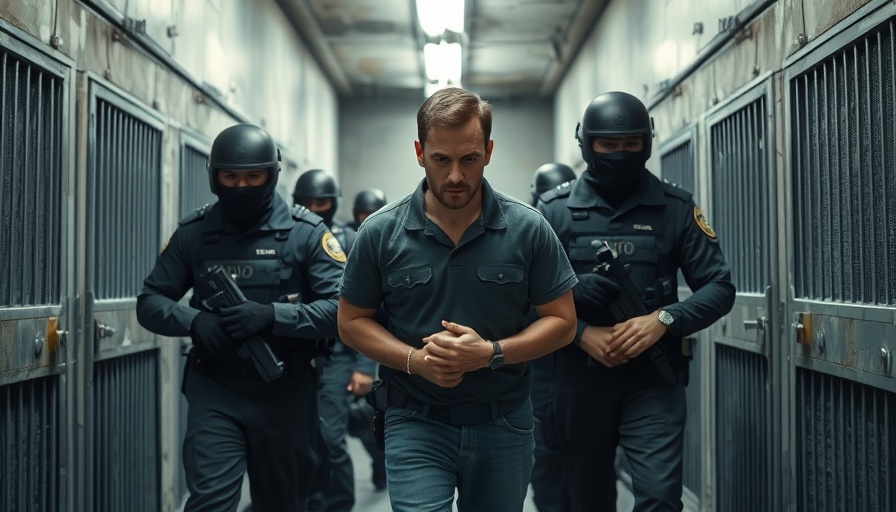 Security personnel escort a detainee in a prison environment.