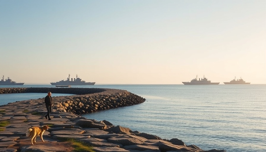 Distant warships seen from a rocky beach, reflecting NATO Cuts Under Trump.
