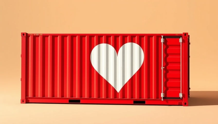 Red shipping container with heart graffiti symbolizing globalization impact.