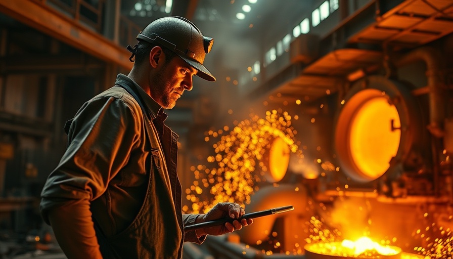 Steel mill worker handling molten metal, intense factory scene.