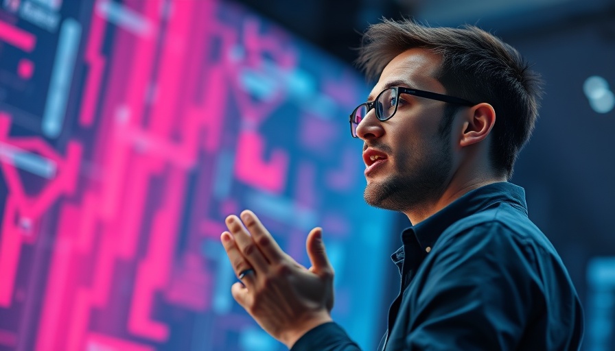 Individual speaking at tech conference with digital backdrop