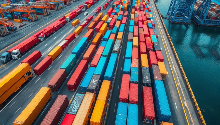 Aerial view of cargo trucks in orderly lines at a shipping port, depicting logistics.
