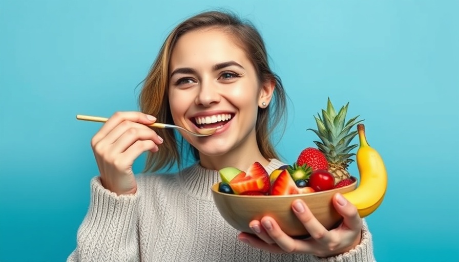 Young woman smiling with a fruit bowl; promoting gut healthy habits for business.