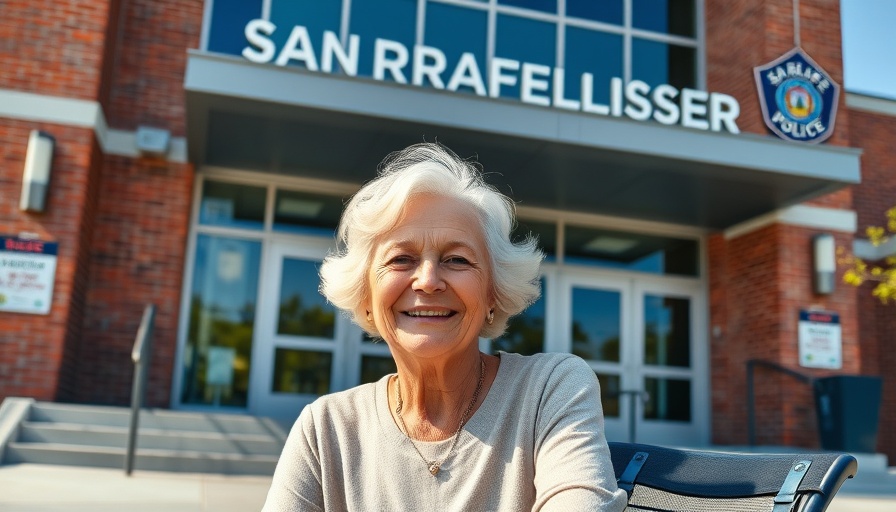 San Rafael police chaplain service elderly woman smiling outside station