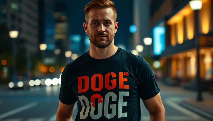 Man in DOGE shirt at night symbolizing DOGE nonprofit funding oversight.
