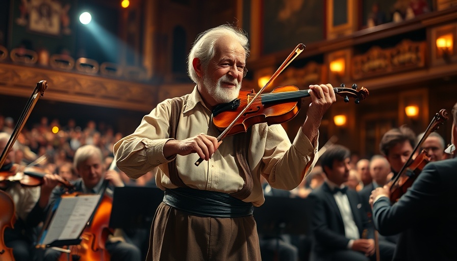 Live Concerts and Performances: Man playing fiddle in lively orchestra scene.