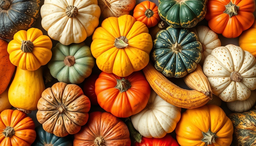 Colorful mix of best winter squash varieties with stems.