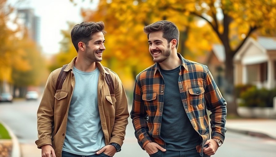 Casually dressed young men outdoors discussing web development, suburban background.