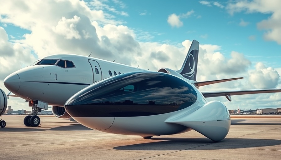 Electric air taxis beside commercial airplane at airport.