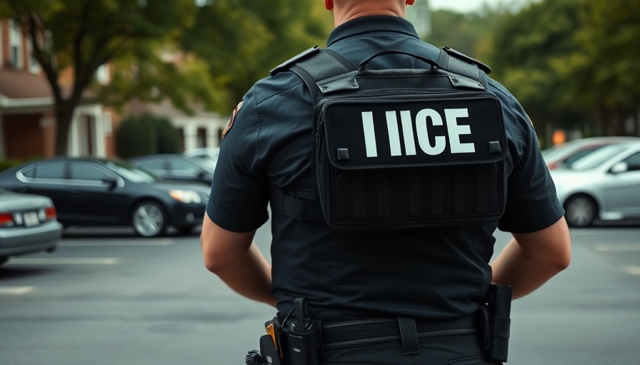 ICE officer in vest standing in parking lot; related to California Safe Haven Schools Act.