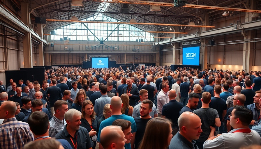 Tech conference side event with attendees networking in a spacious venue.