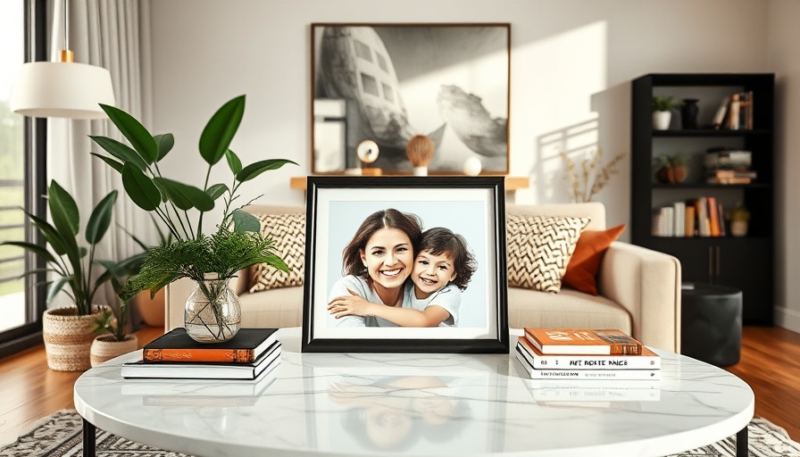 Framed photo on table depicting mother and child, digital photo sharing technology.