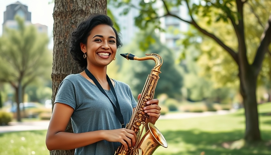 Happy woman with saxophone in park, embracing music, Choro music popularity.