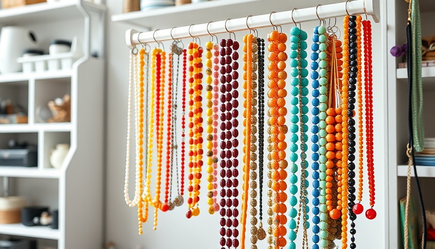 DIY necklace organizer with colorful beads in home workshop.