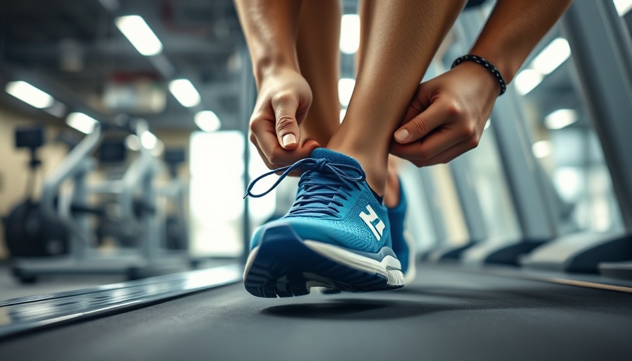 Person tying shoes before home workouts on treadmill.