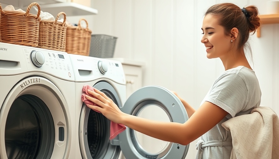 Woman cleaning washing machine with pink cloth in laundry room.