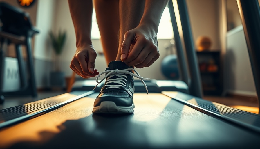 Person tying shoelaces on treadmill, ready for home workout ideas.