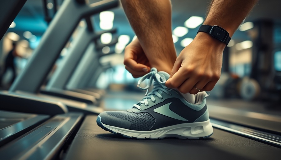 Close-up of shoes being tied on a treadmill for home workout ideas.
