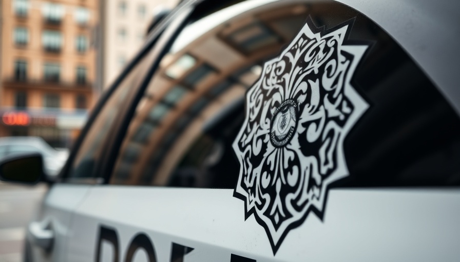 Close-up of police car door emblem, local news today.