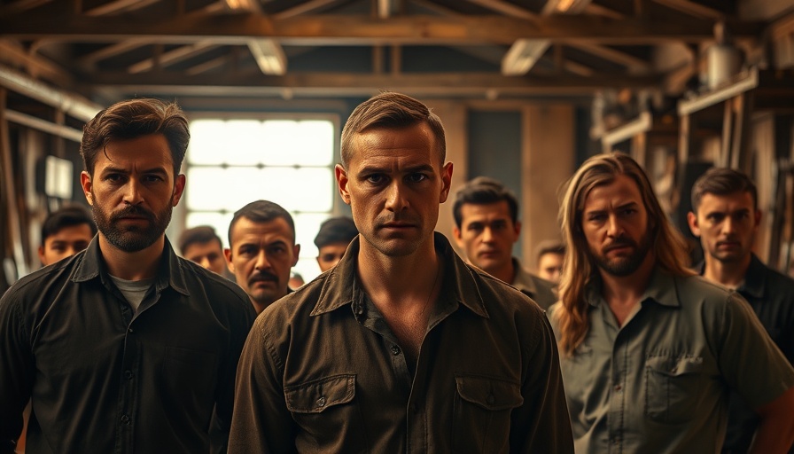 Tense group in a vintage warehouse, dramatic cinematic scene, Music Reviews and Film Analyses