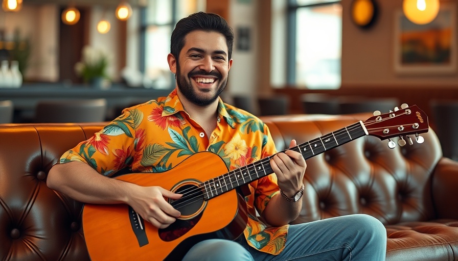 Live Hawaiian slack-key guitar performance by smiling musician in lounge