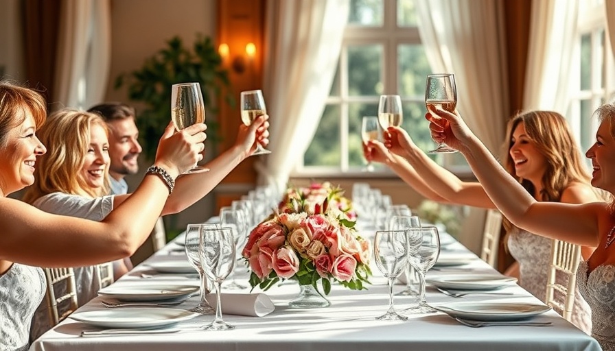 Elegant bridal shower table with guests toasting, home bridal shower ideas.