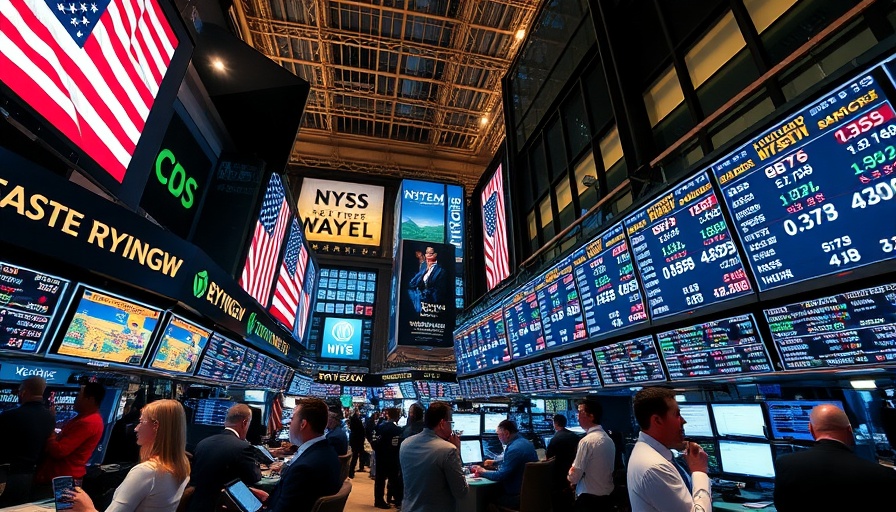 NYSE trading floor bustling with activity, multiple monitors displaying stocks.