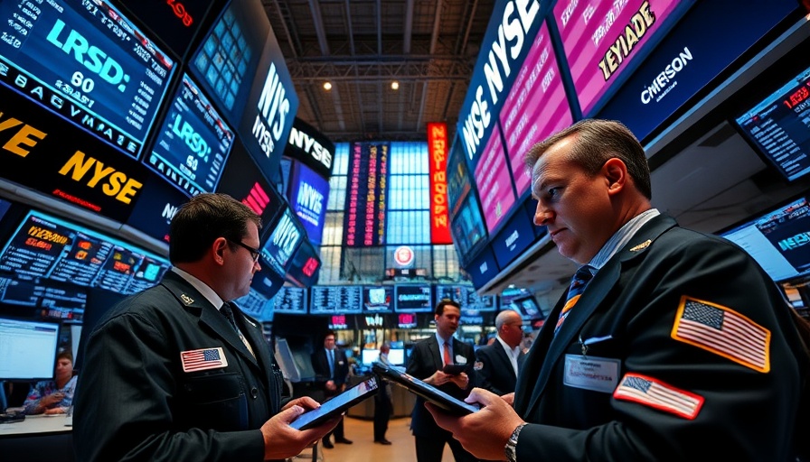 Stock market volatility depicted on a busy trading floor with digital screens.