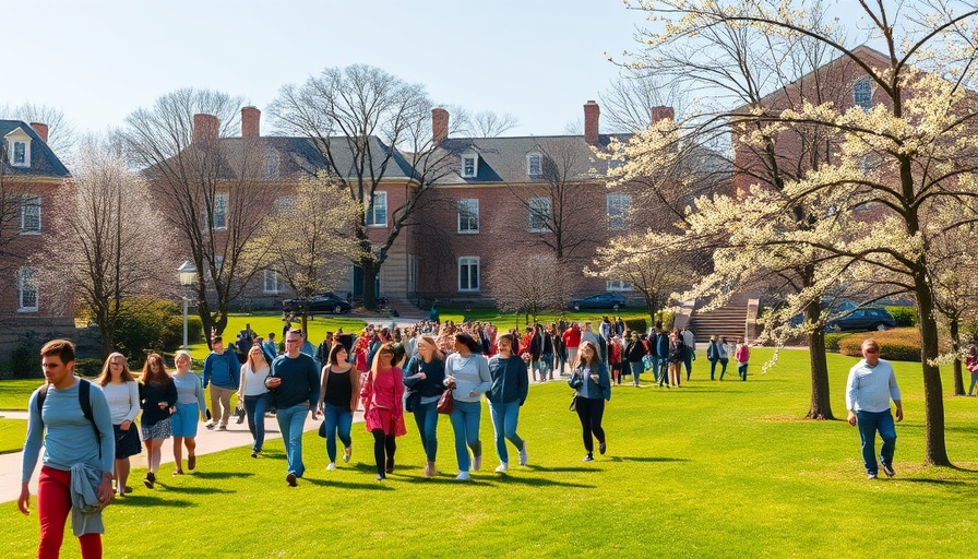 Harvard campus with students walking amidst spring greenery.