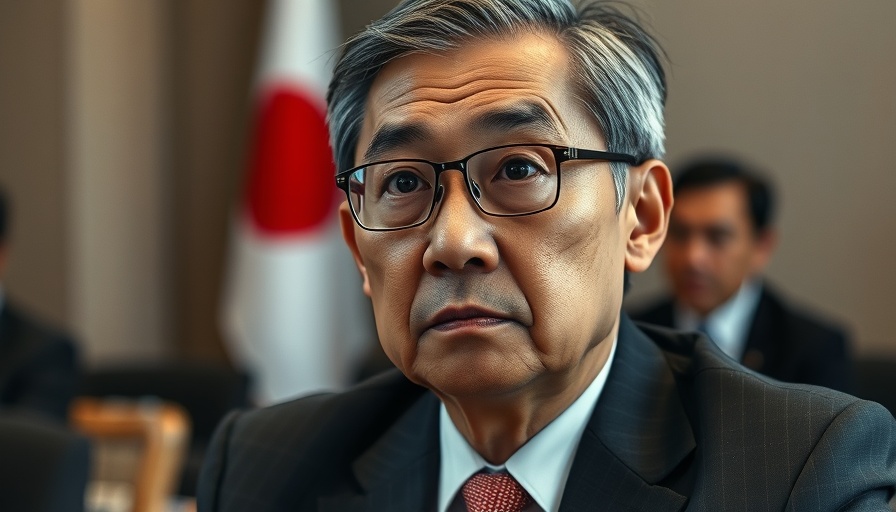 Serious Asian man at Japan trade talks with flag in background.