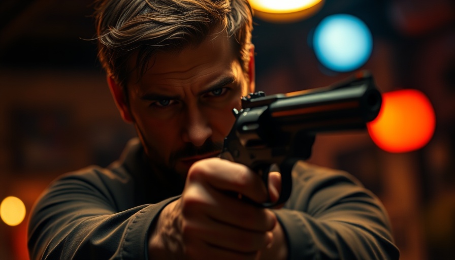 Intense scene of a man with a revolver, focused expression.