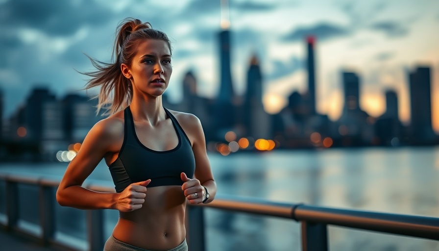 Woman jogging city waterfront at dusk, evening workouts disrupt sleep.