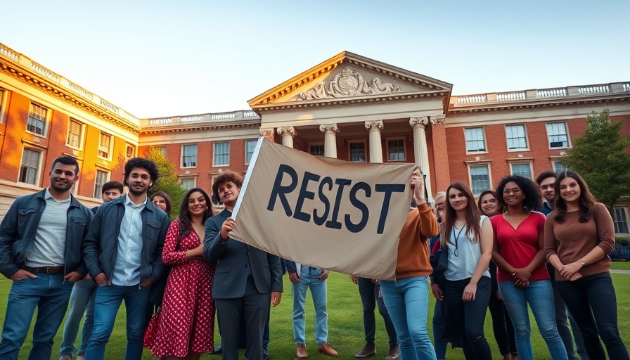 Protesters with resist flag outside university building, Harvard tax-exempt status.