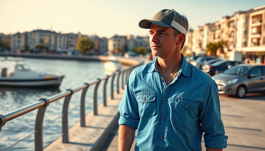 Local news: Person walking along a waterfront in a sunny urban area