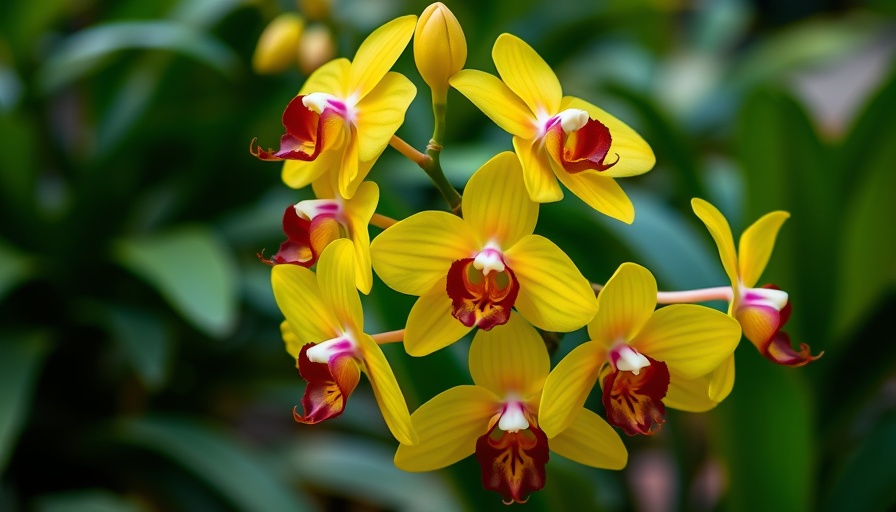 Vibrant yellow orchids growing naturally, lush green background.